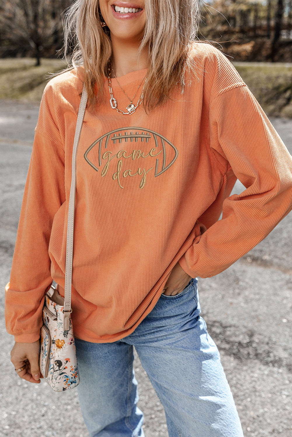 Apricot Rugby Game Day Embroidered Corduroy Sweatshirt