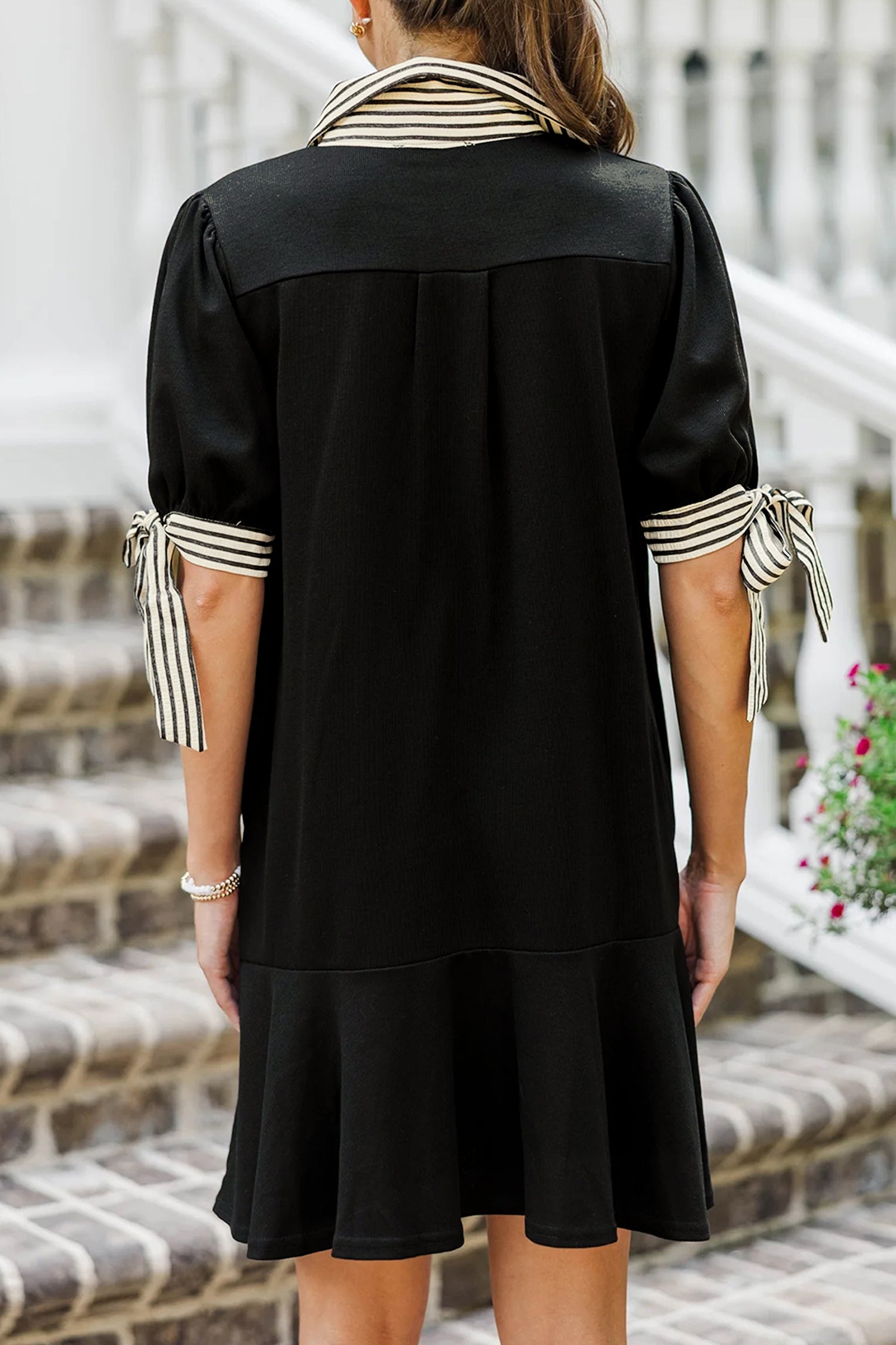 Black Stripe Detail Polo Collar Half Buttons Tied Short Sleeve Shift Mini Dress