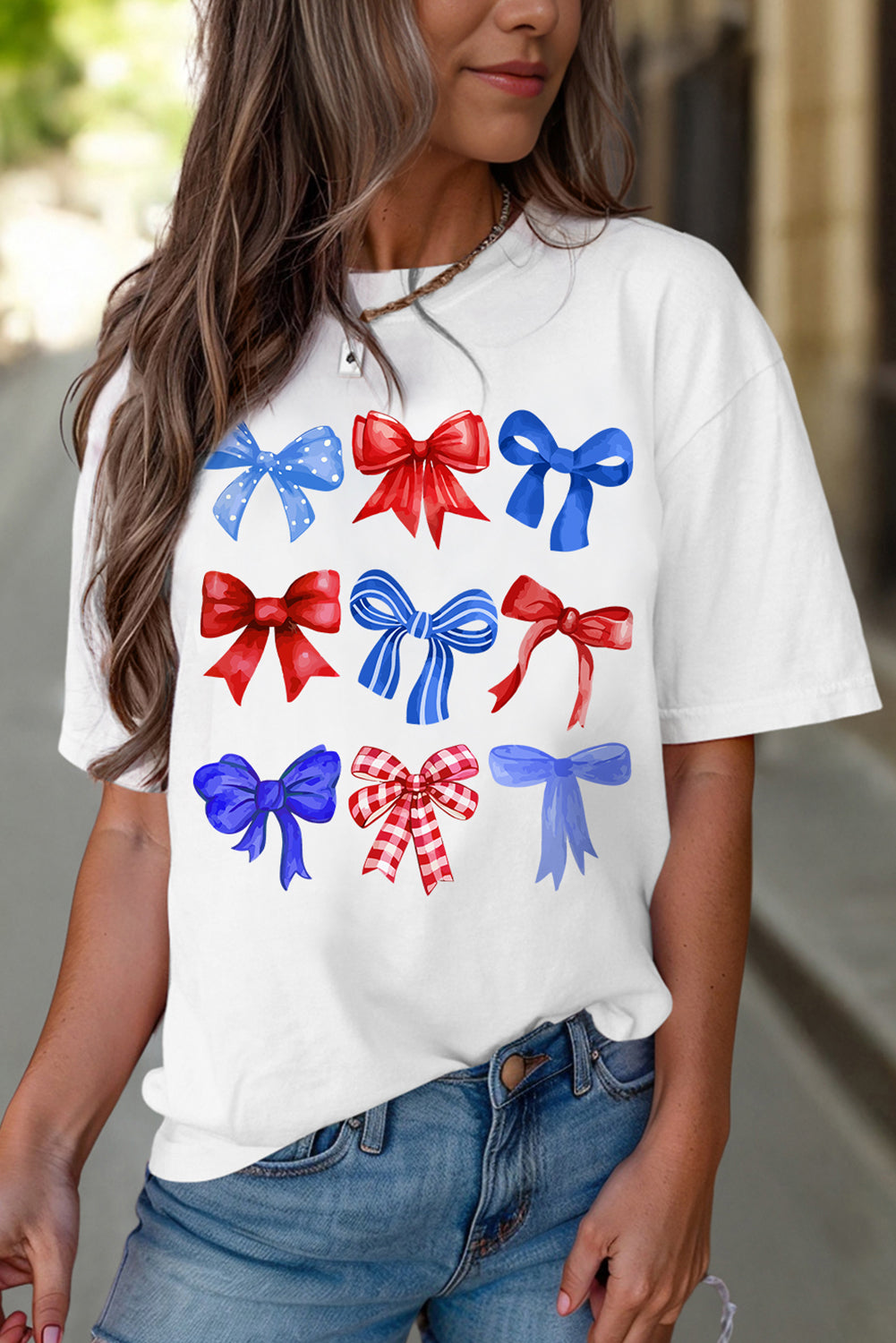 White USA Inspire Bow Print Crewneck Independence Day Tee
