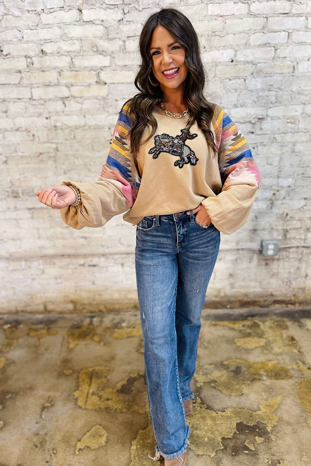 Light French Beige Aztec Patchwork Raglan Pullover Sweatshirt