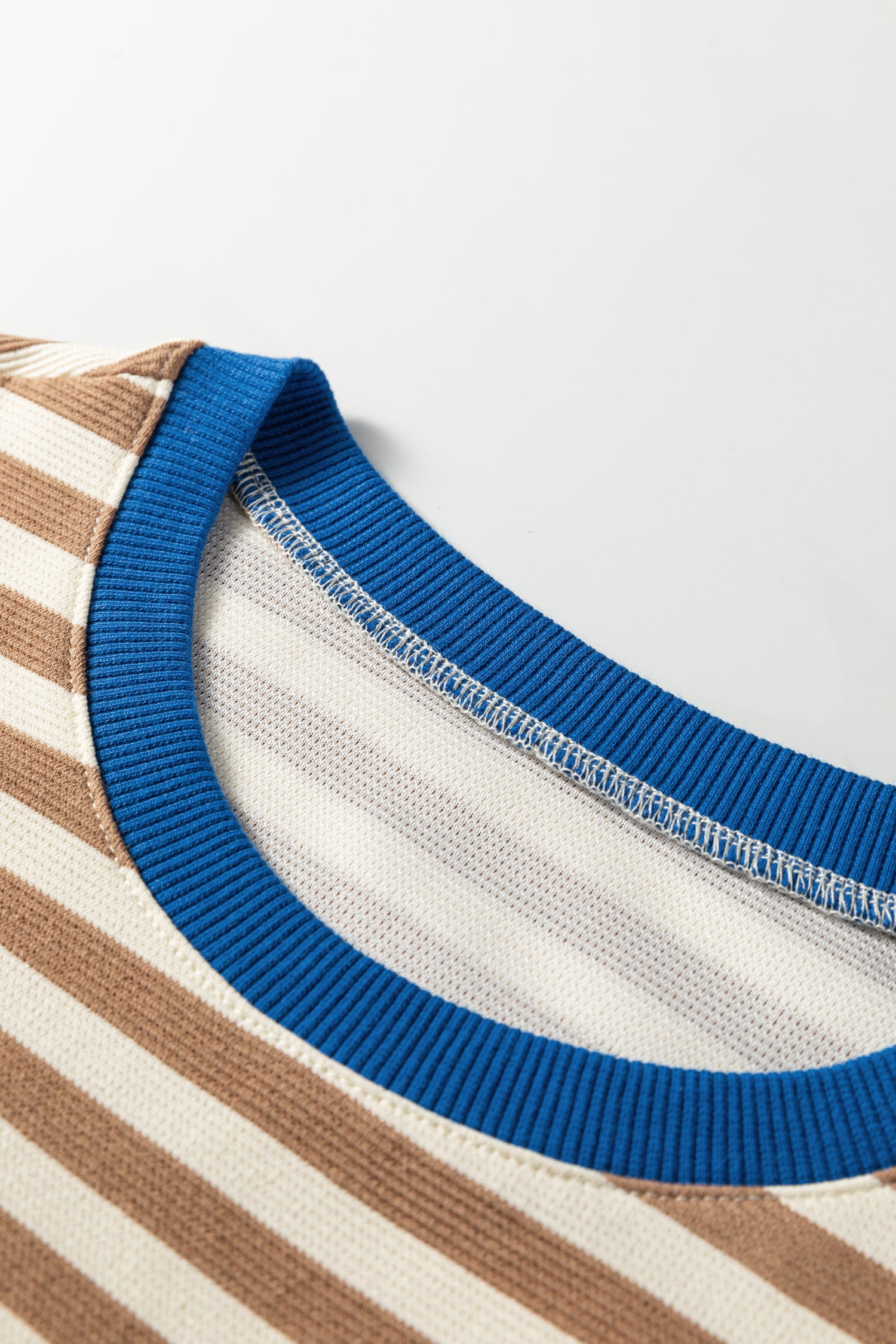 Green Stripe Short Puff Sleeve Contrast Trim Round Neck Tee