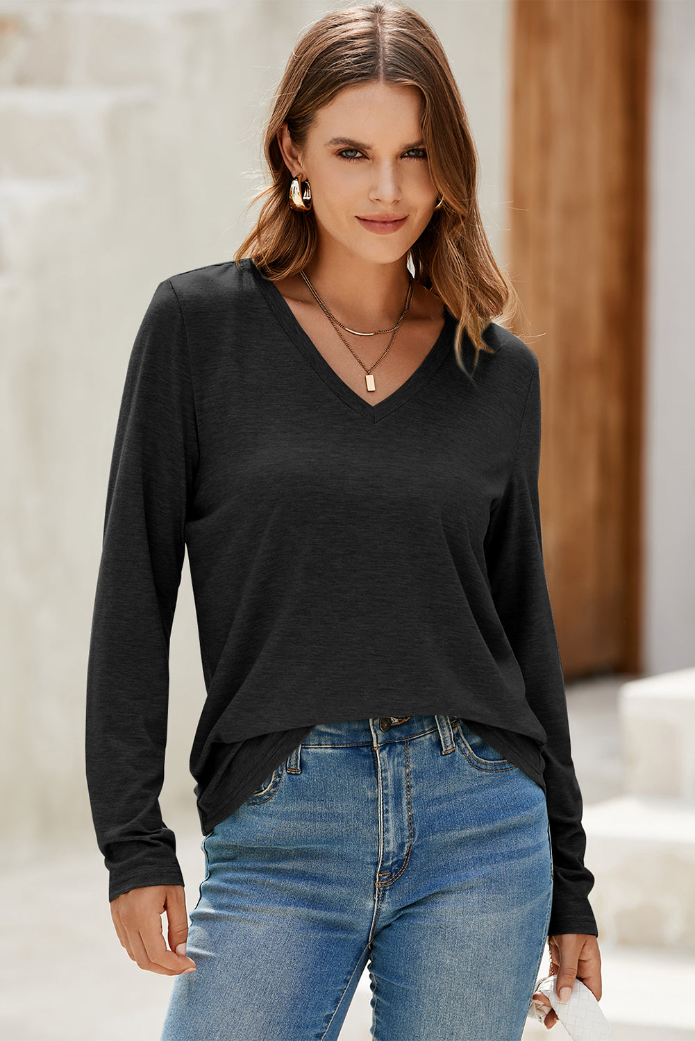 Grass Green Solid Color V Neck Long Sleeve Stretchy Top