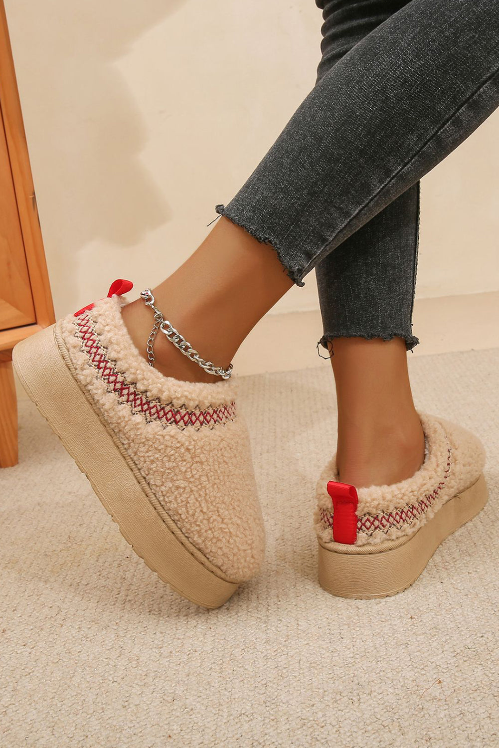 Oatmeal Embroidered Sherpa Plush Thick Sole Snow Boots