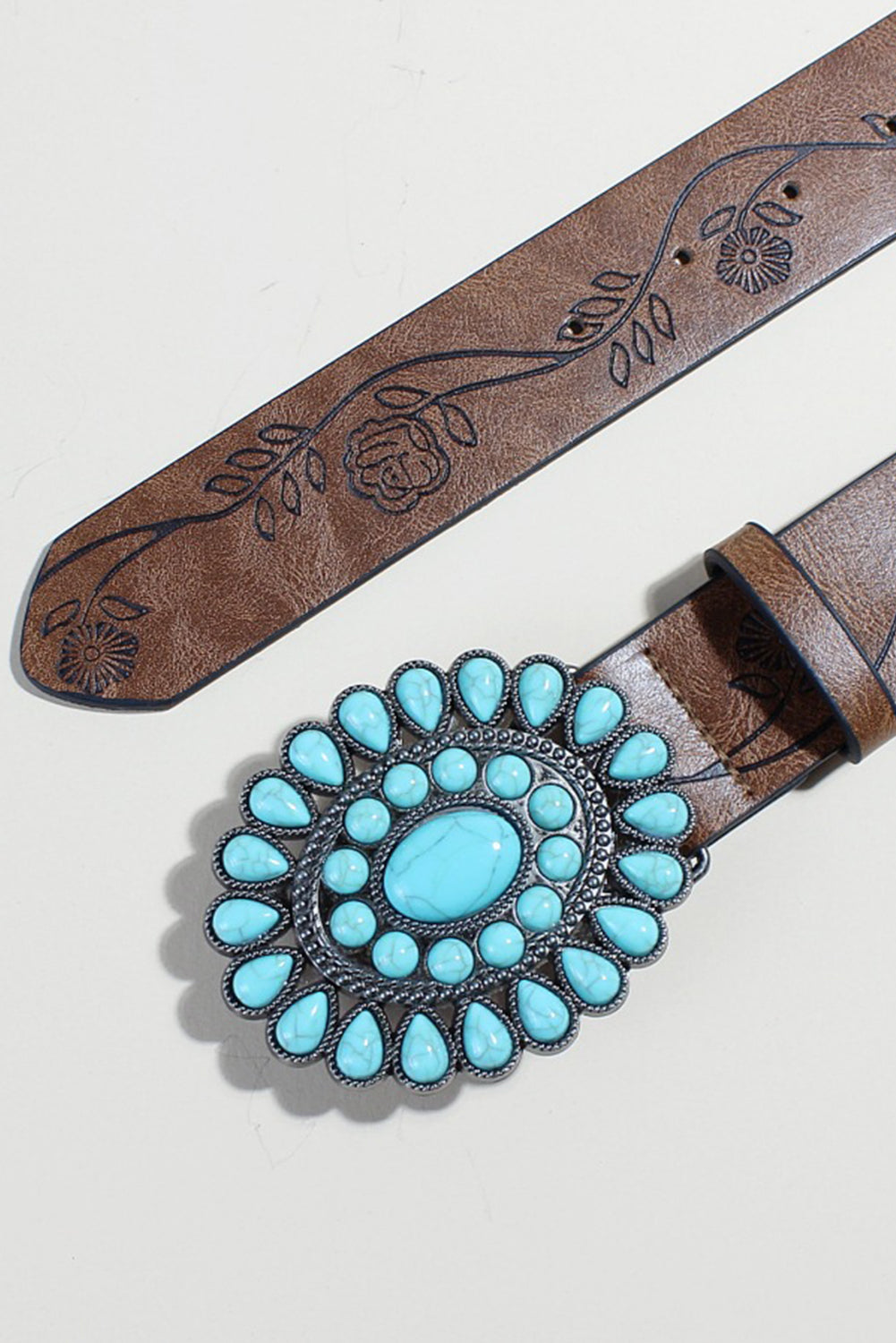 Chestnut Turquoise Gem Stone Western Fashion Faux Leather Belt