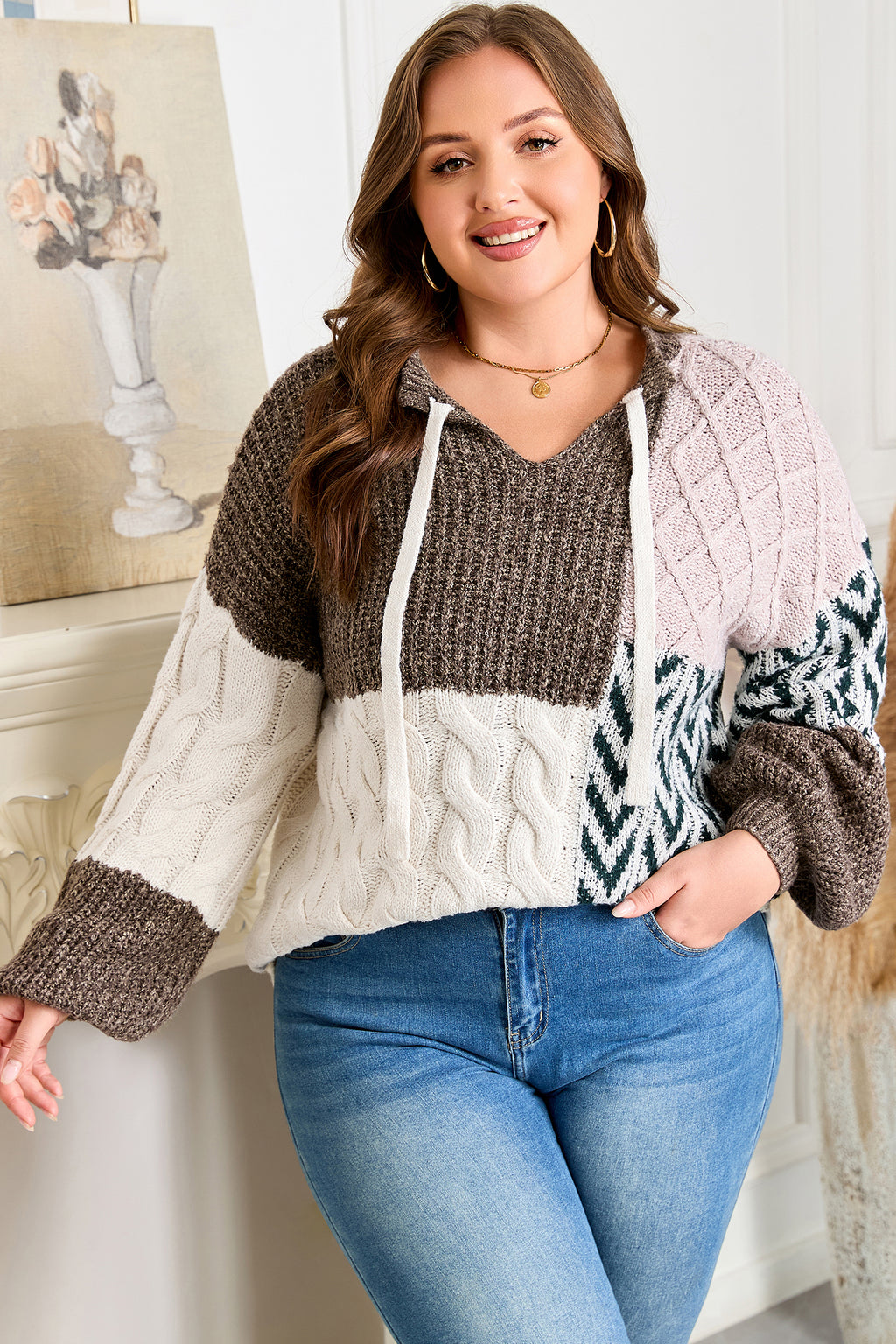 Brown Color Block Patchwork Knotted Back Loose Fit Sweater