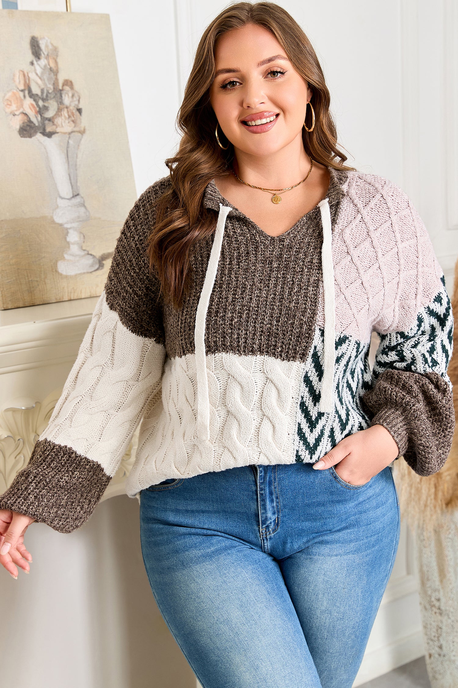 Brown Color Block Patchwork Knotted Back Loose Fit Sweater