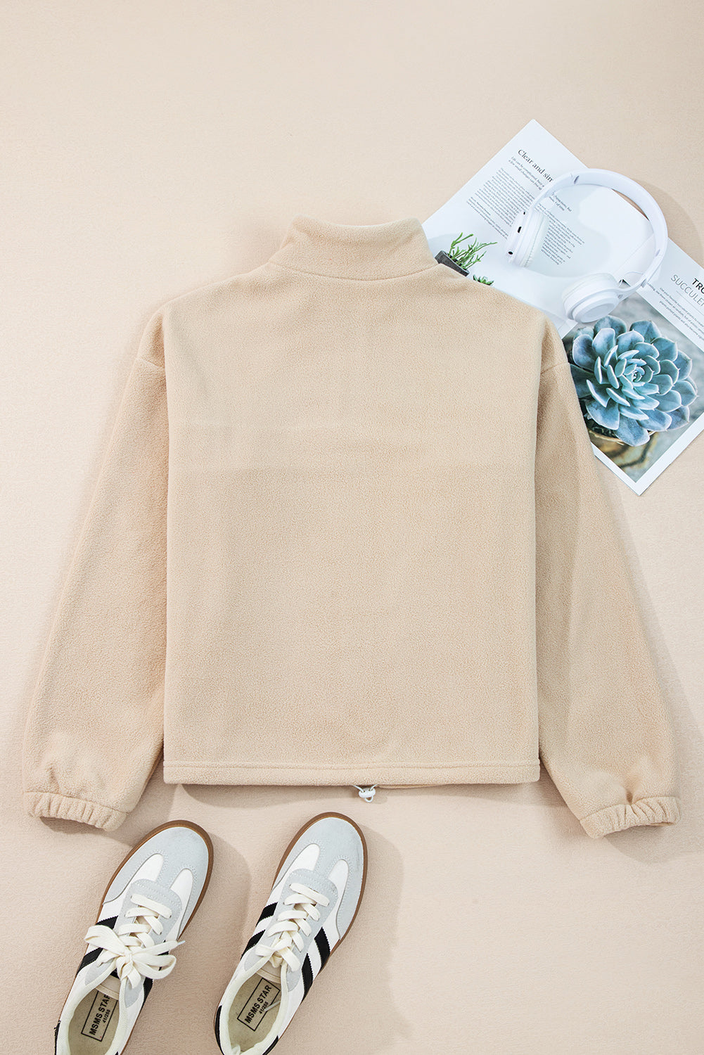 Parchment Fleece Colorblock Patchwork Zipped Neck Pullover Sweatshirt