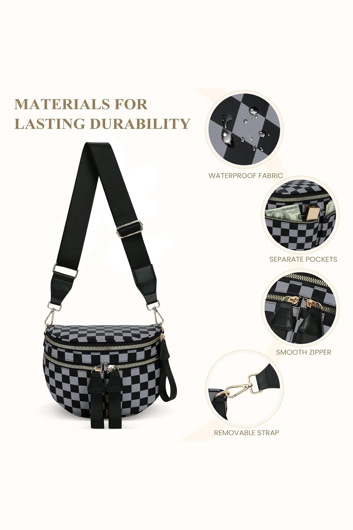 Color black Checkered Print Multi Pocket Zipped Canvas Crossbody Bag