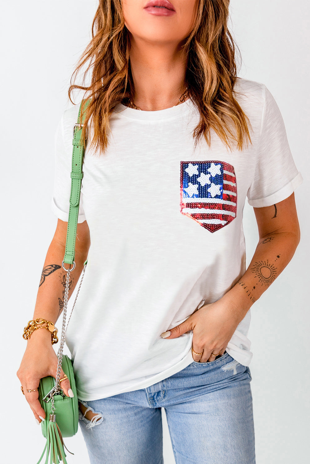 White Sequin American Flag Can Oversized Graphic Tee
