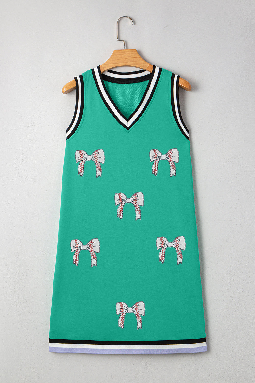 Mint Green Varsity Contrast Striped V Neck Long Sleeve T Shirt Dress with Pockets