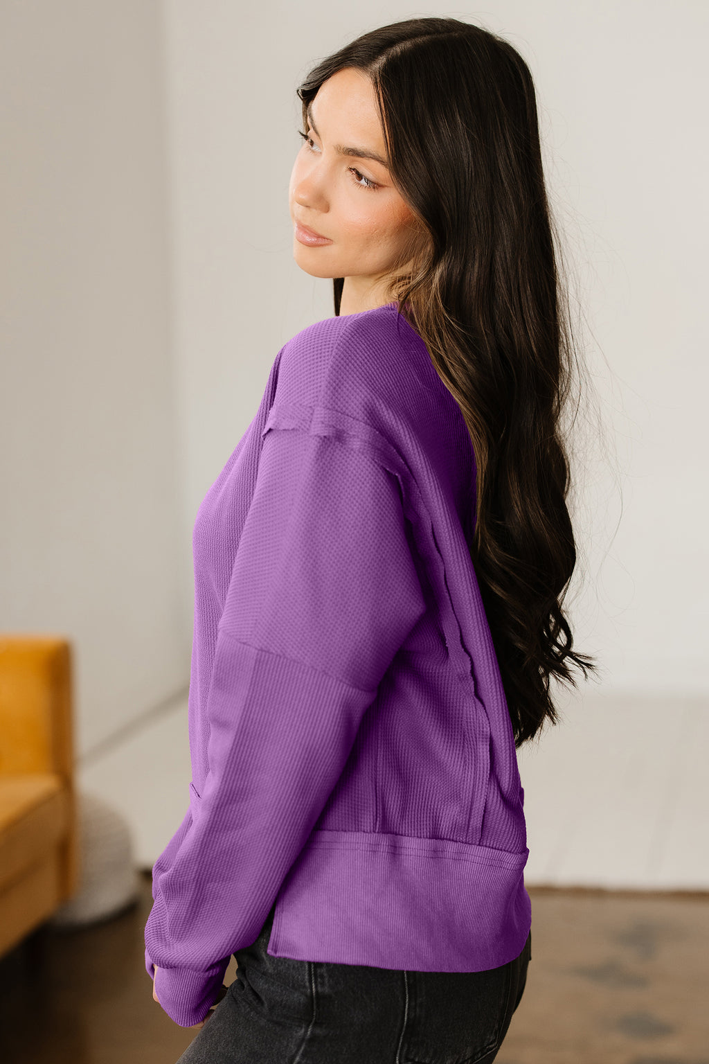 Evergreen Solid Color Raw Seam Patchwork Textured Drop Shoulder Sweatshirt