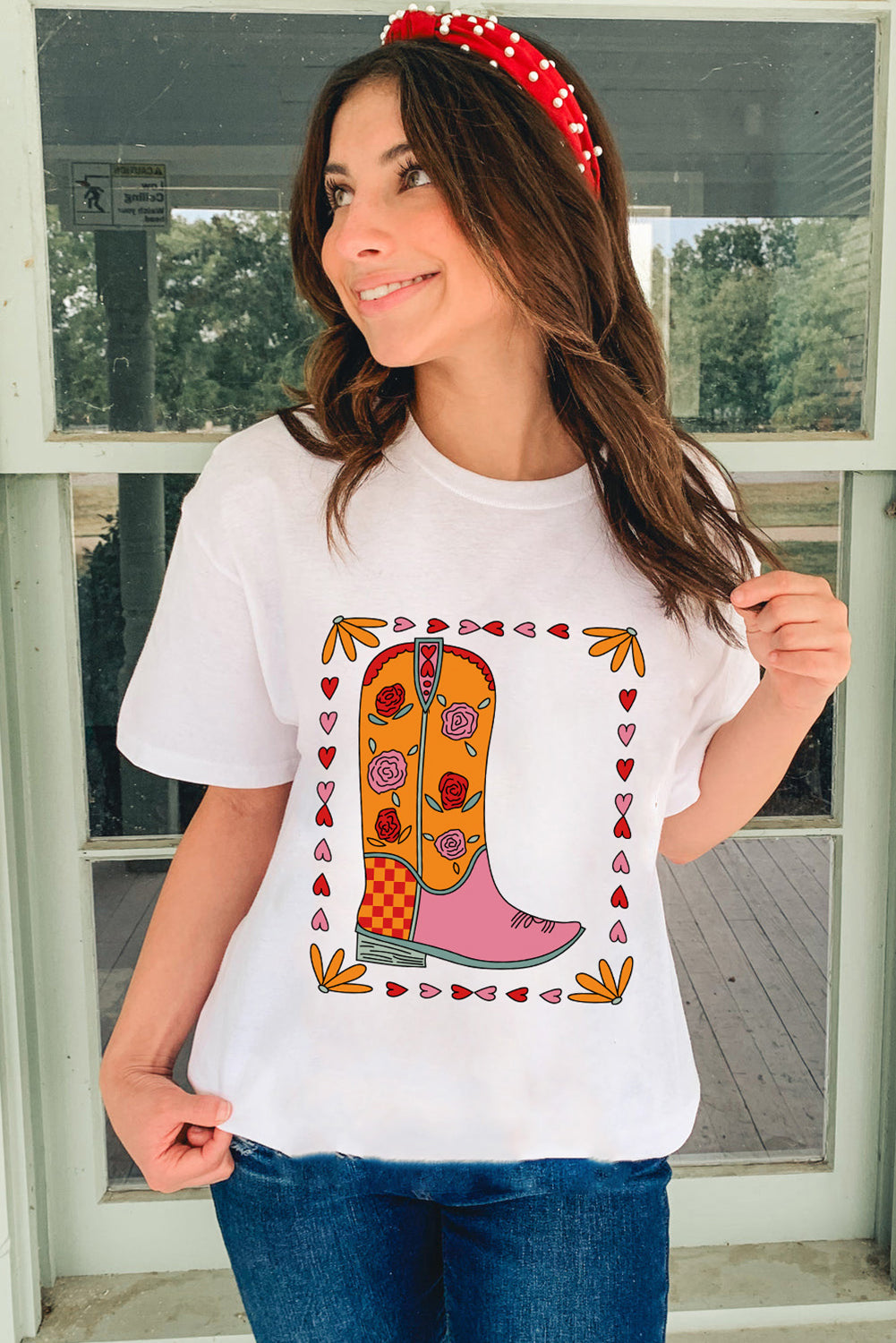 White Floral Cowgirl Boots Printed Casual T Shirt