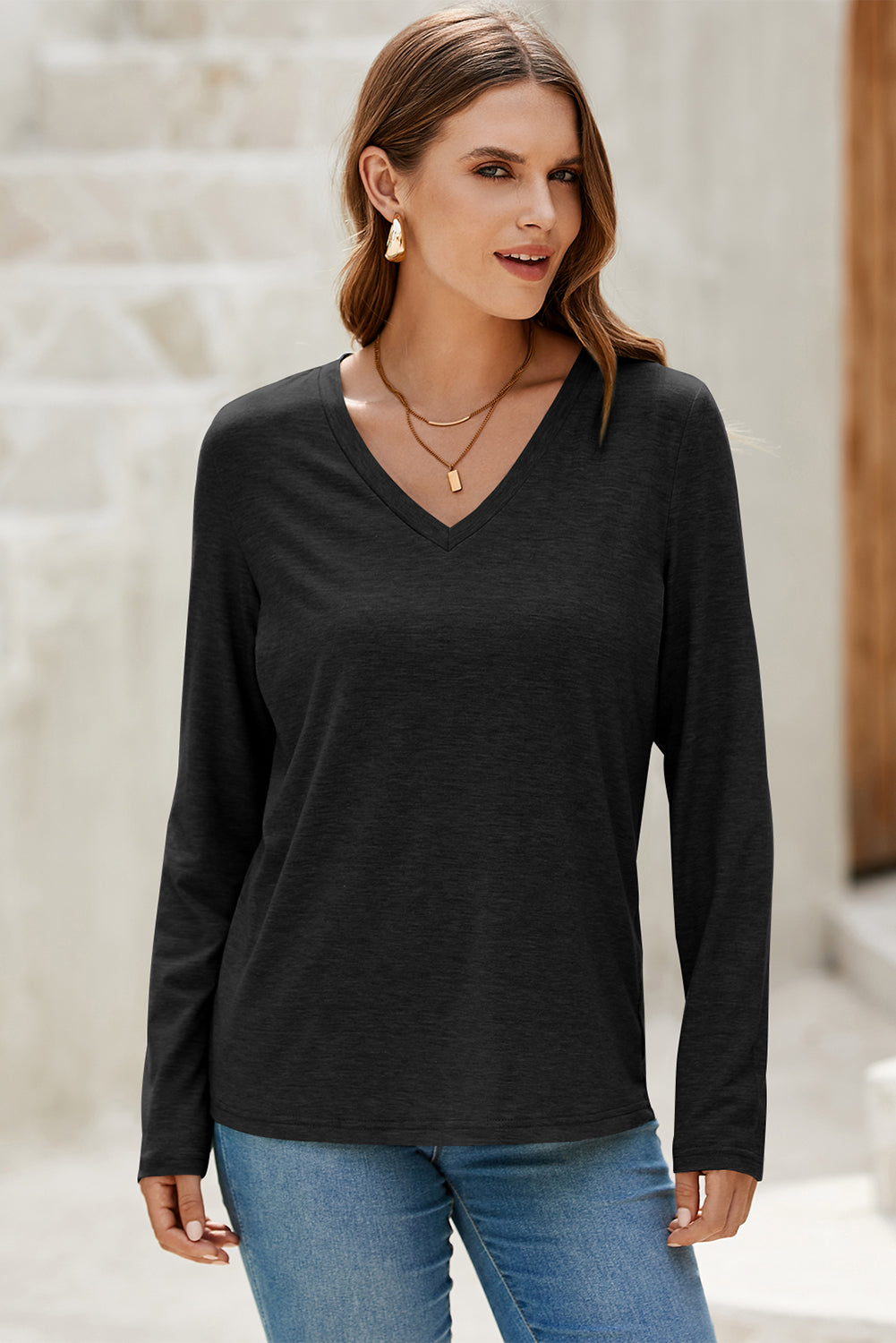 Grass Green Solid Color V Neck Long Sleeve Stretchy Top