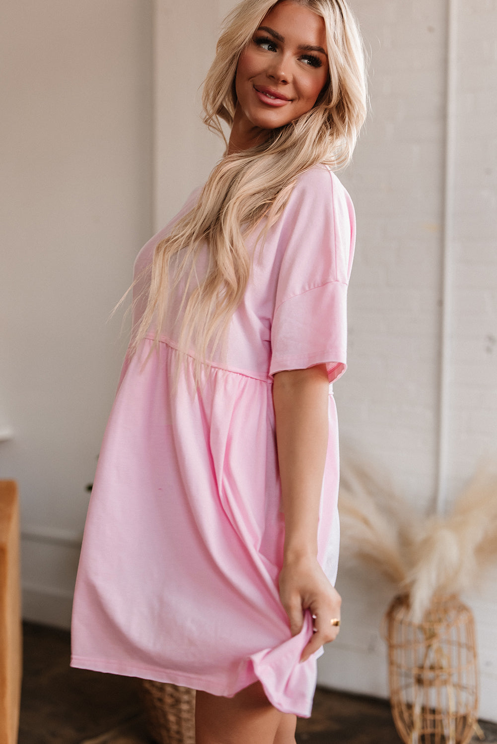 Sky Blue Solid Color Pocketed Raw Edge Babydoll Dress