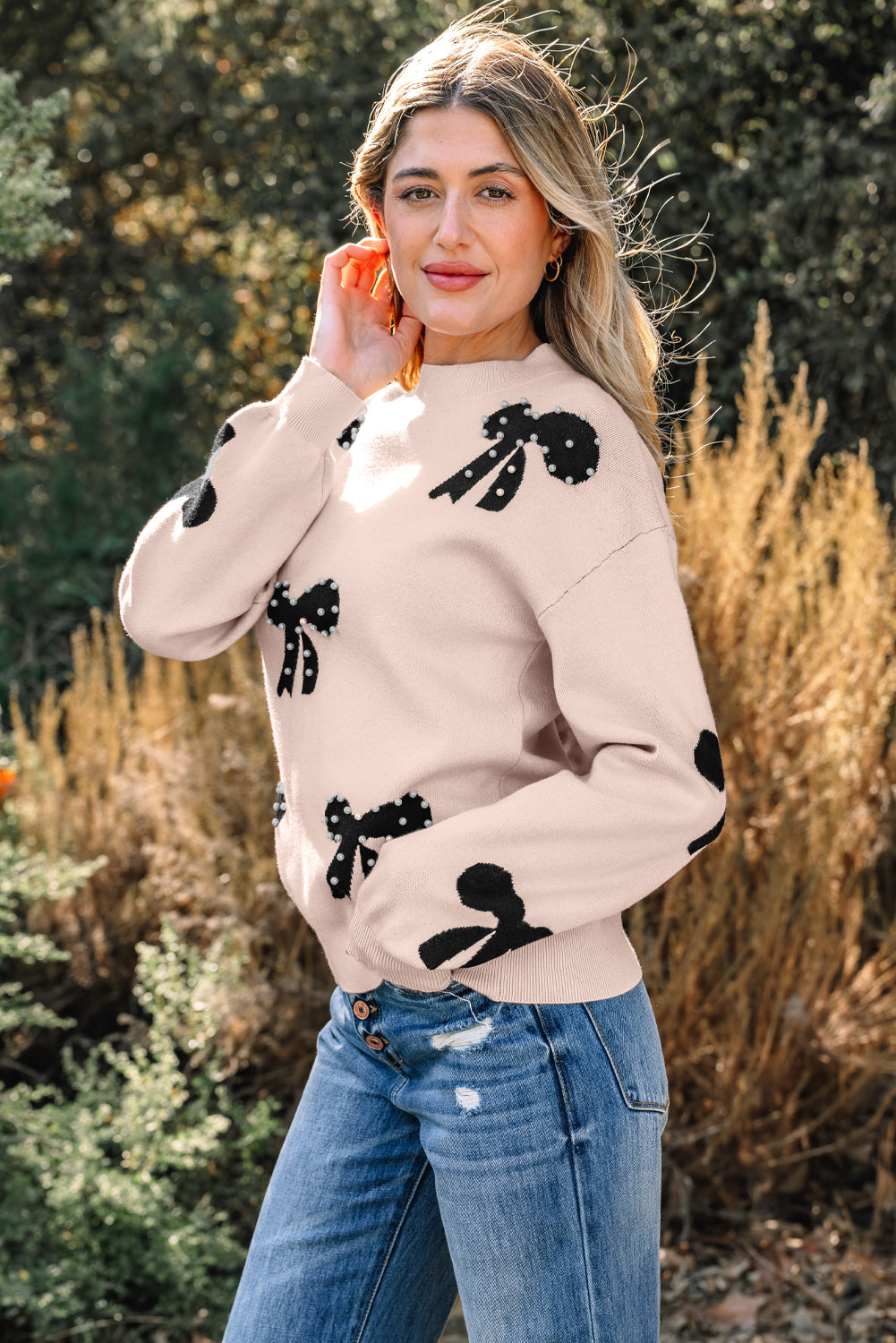 Bright Pink Pearl Embellished Bow Pattern Loose Sweater