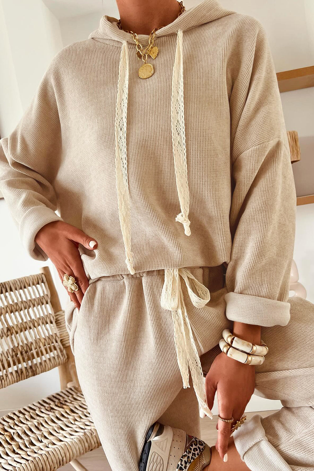 Gray Morn Corduroy Leopard Drawstring High Waist Trousers