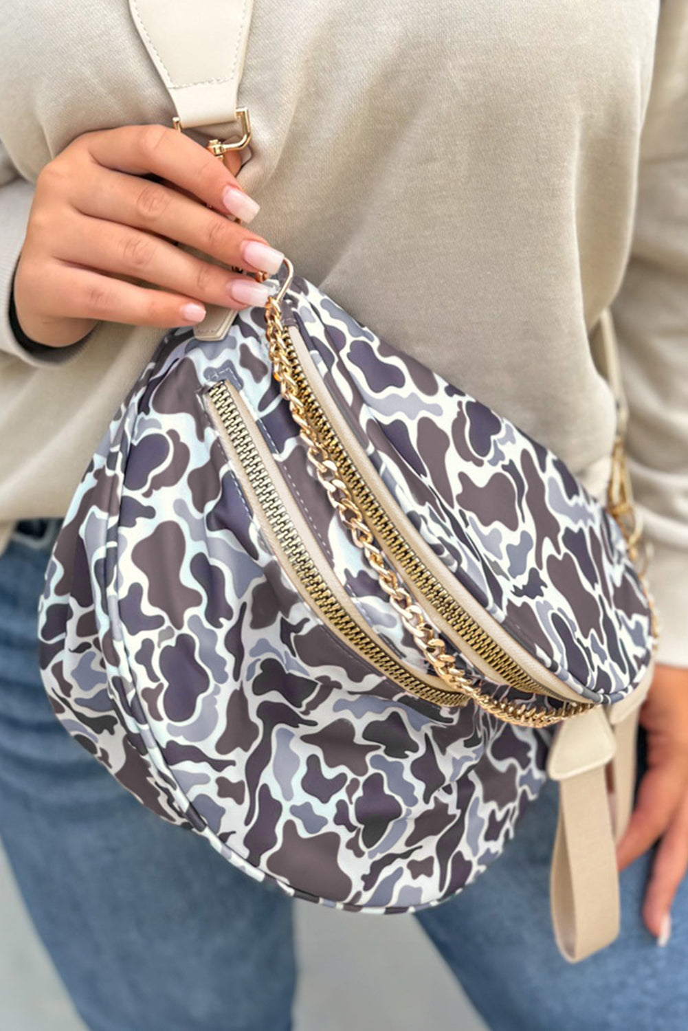 Camel Polka Dot Print Gold Chain Strap Double Zipper Crossbody Bag