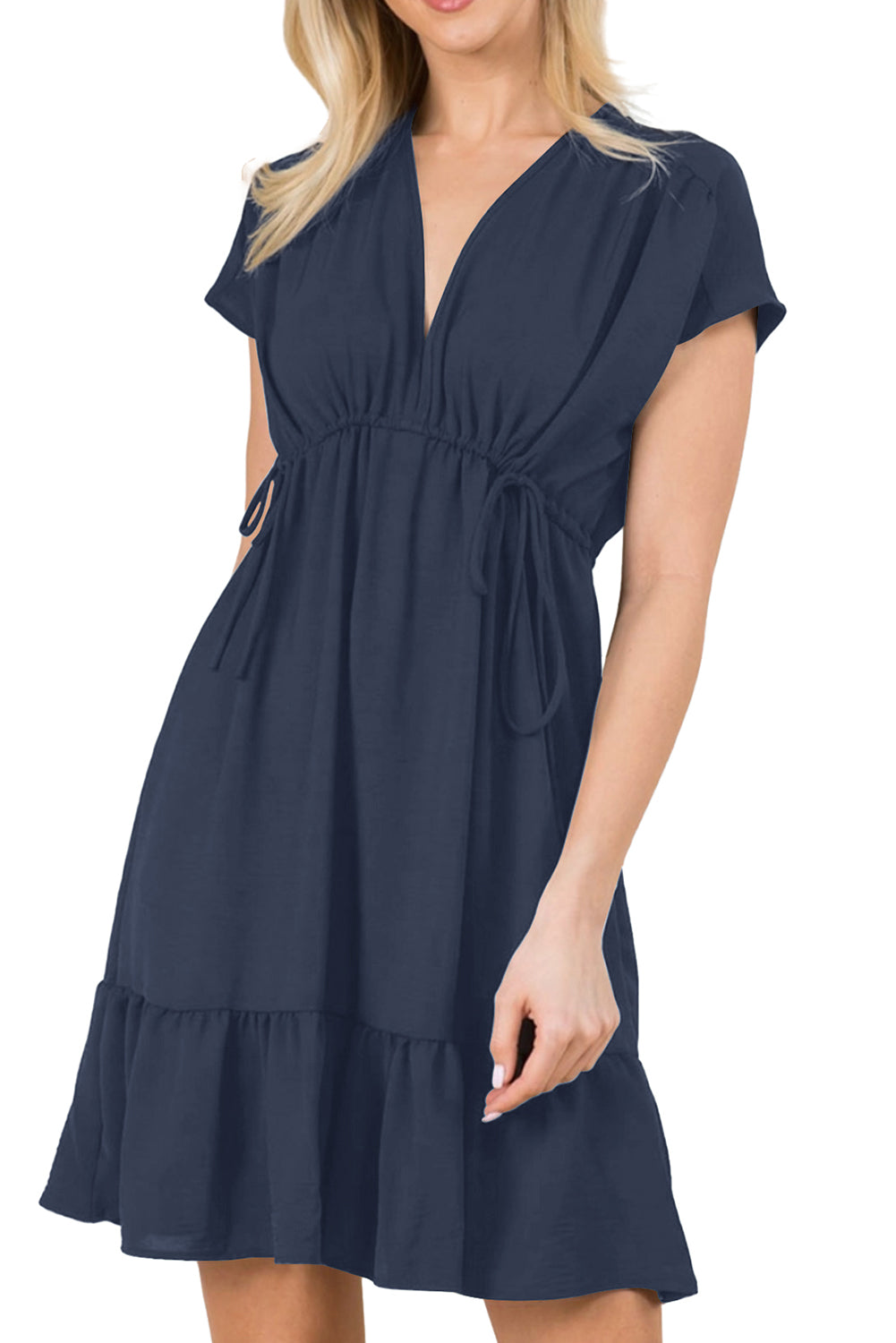 Navy Blue Double Drawstring Detail High Waist V Neck Short Sleeve Mini Dress