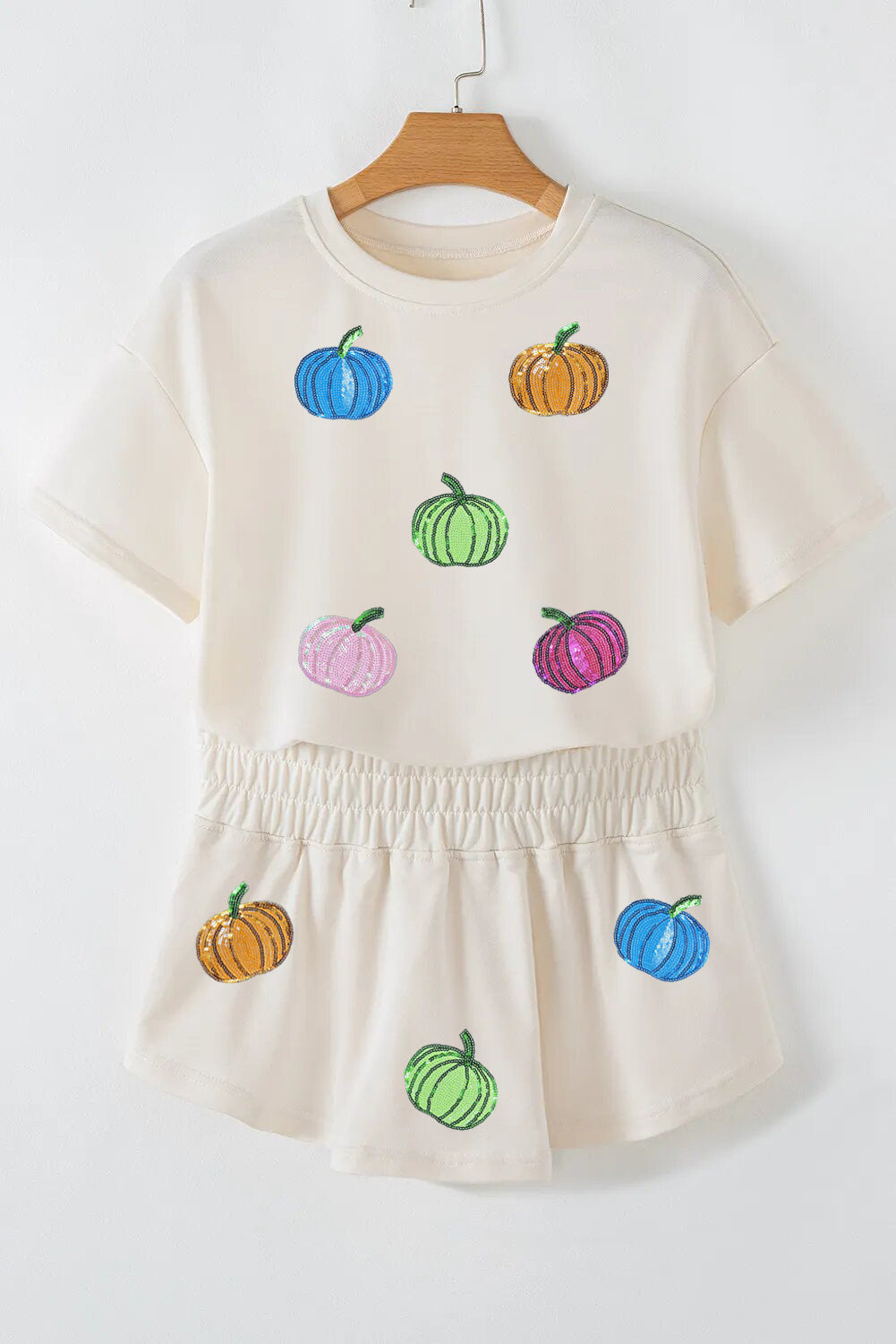 White Colorful Pumpkin Sequin Patched Drop Shoulder Sweatshirt