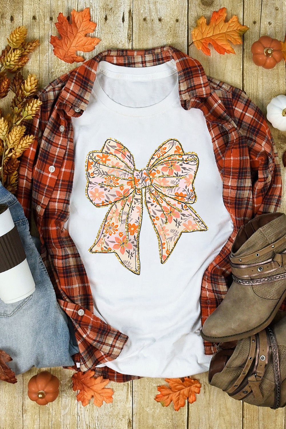 White Glitter Trim Floral Bow Print Cotton Blend T Shirt