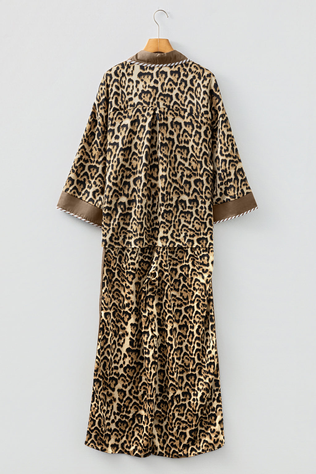 Brown Leopard Collared 3/4 Sleeve Shirt and Loose Pants Two Piece Outfit Set