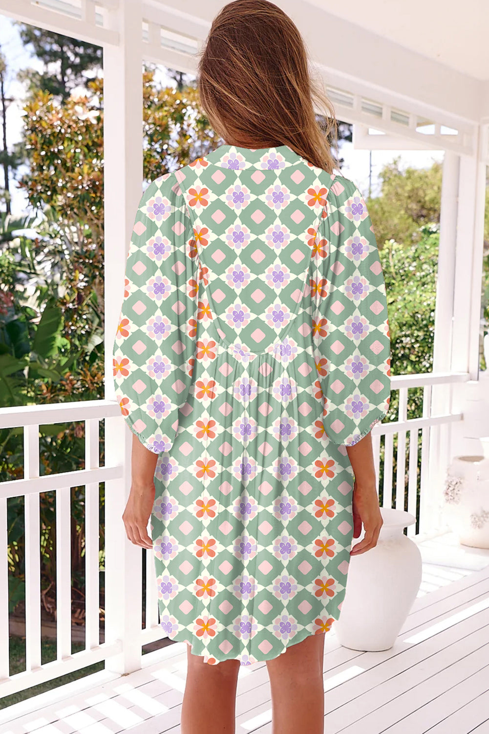 Green Geometric Floral Print Layered Flutter Sleeve V Neck Ric Rac Trim Blouse