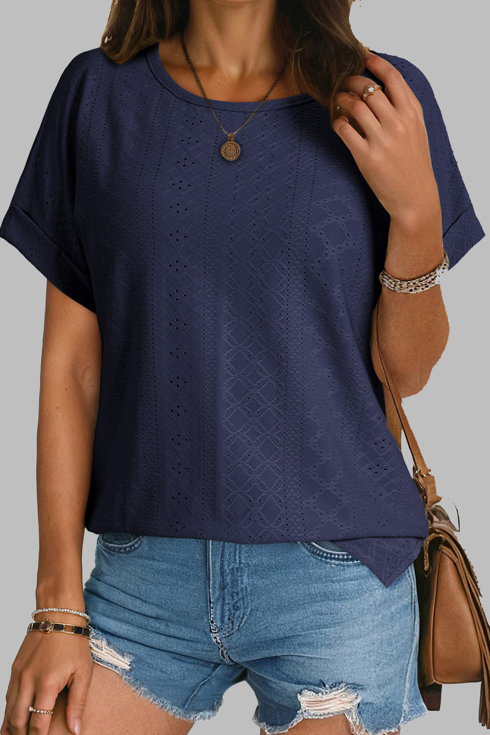 White Solid Color Eyelet Jacquard Cuffed Short Sleeve Top