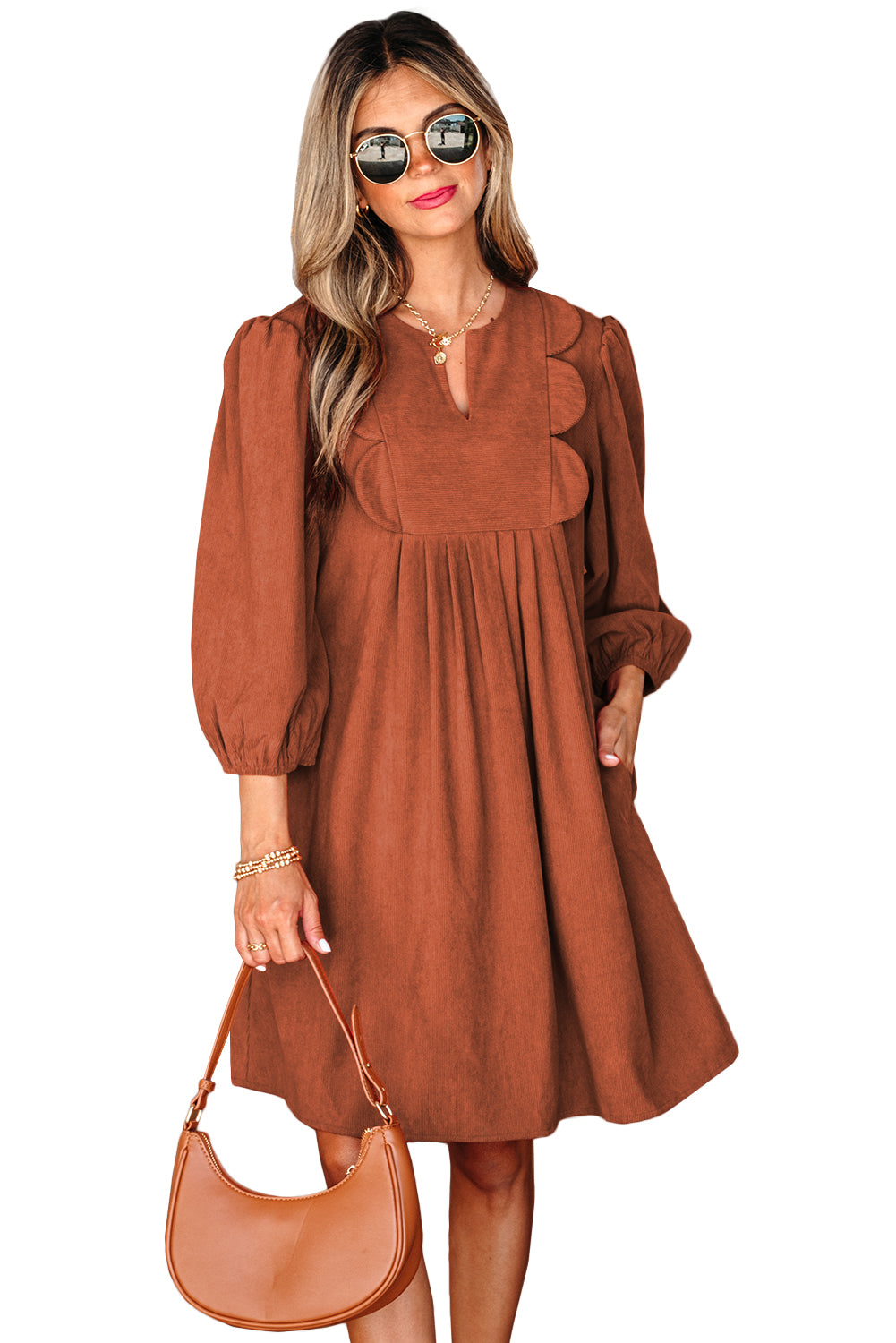 Moss Green Bracelet Sleeve Split Neck Scallop Detail Pleated Corduroy Mini Dress