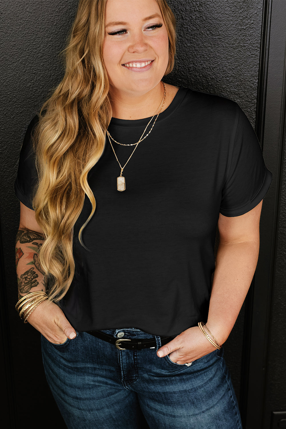 Iceland Blue Round Neck Rolled Sleeve Plus Size T-shirt