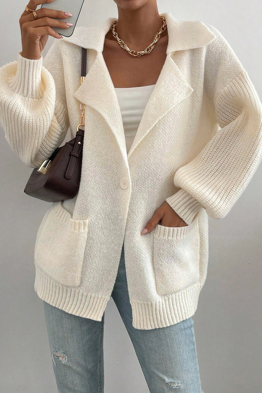Beige Solid Color Knit Lapel Collar Single Button Sweater Cardigan