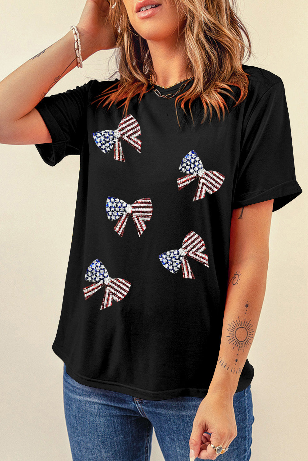 White Sequin American Flag Can Oversized Graphic Tee