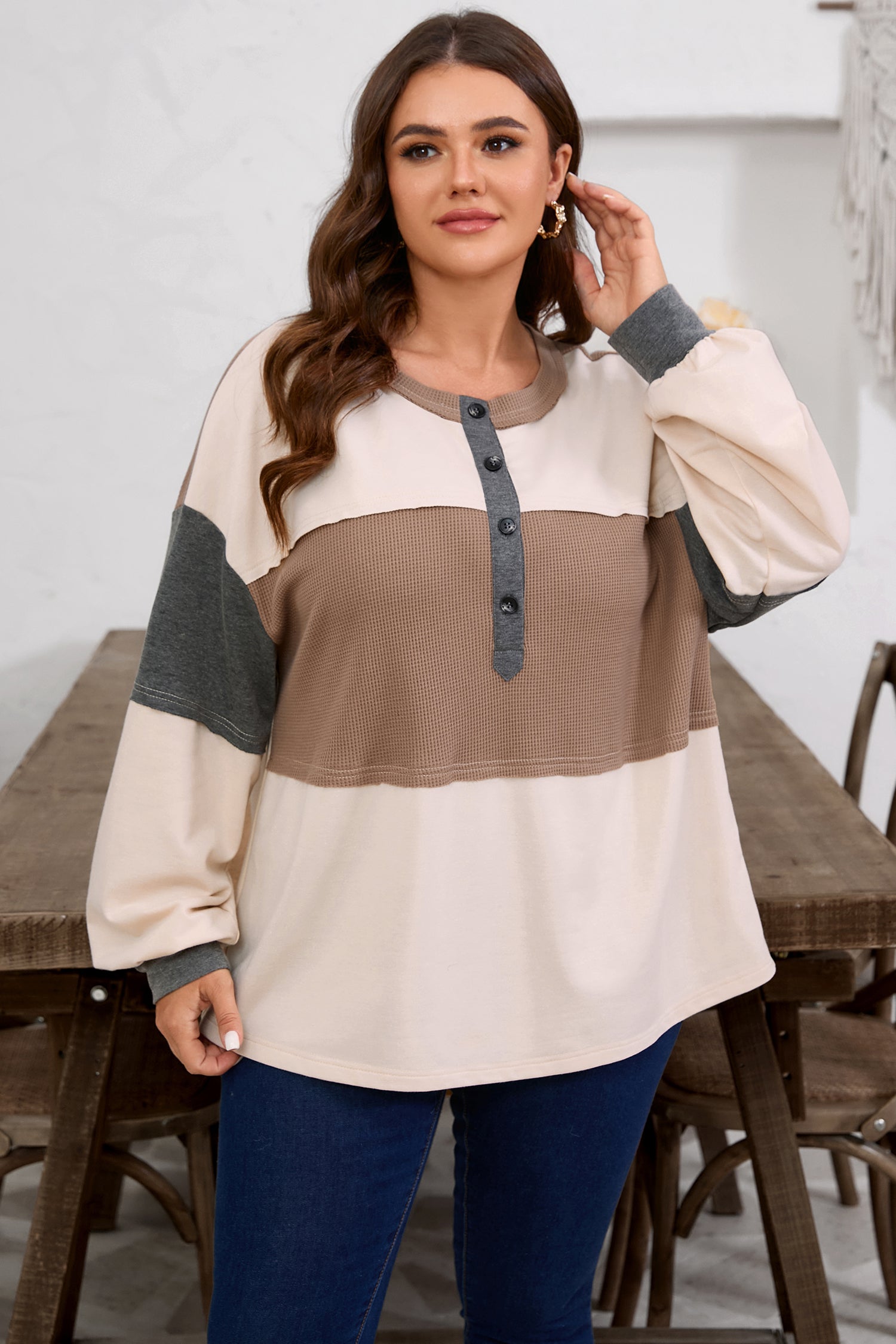 Jet Stream Color Block Waffled Patchwork Loose Henley Top