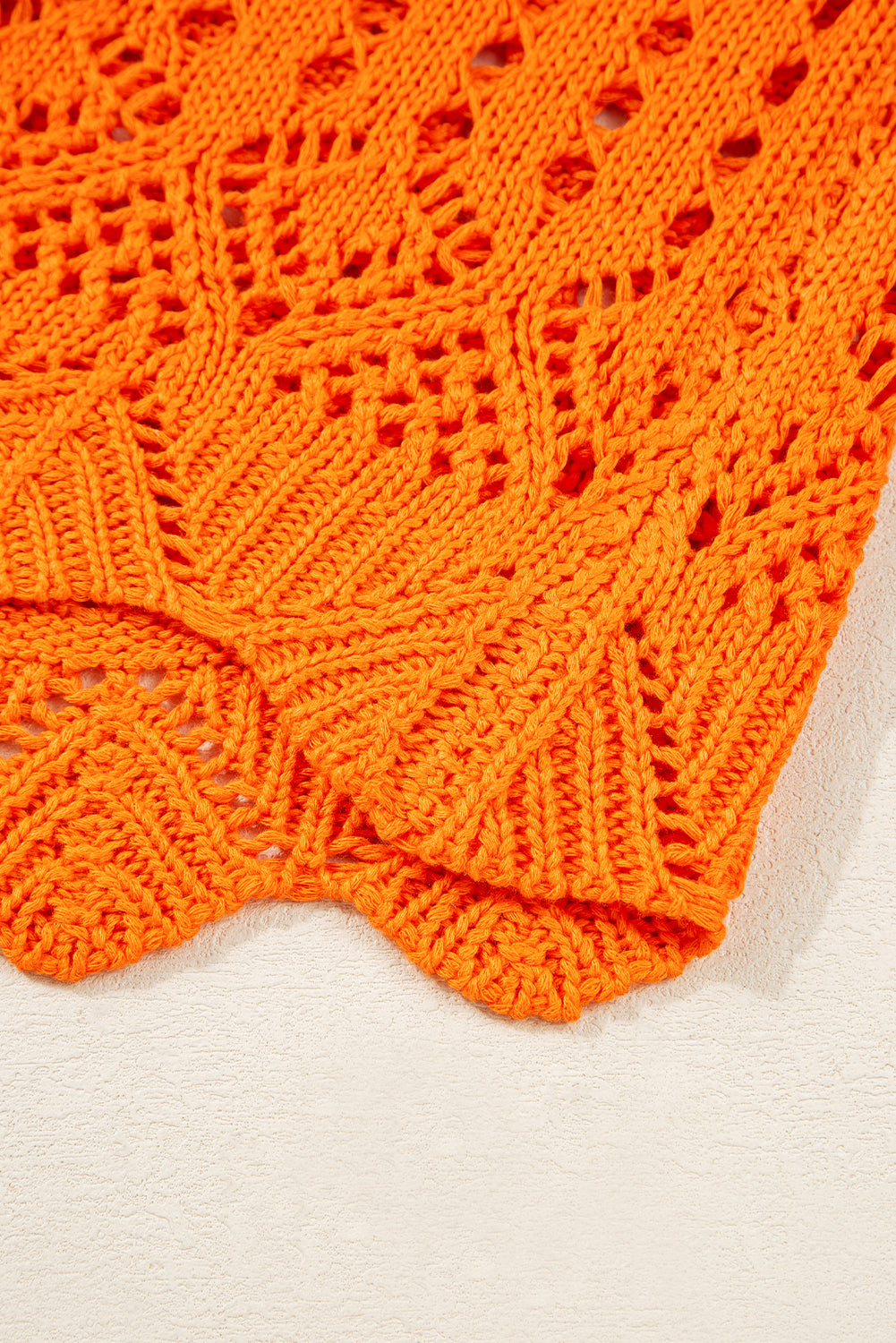 Carrot Solid Color Open Crochet Scallop Edge Sweater