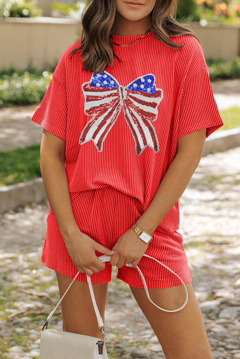 Carbon Grey Independence Day Sequin Bow Graphic Twist Rib Textured Short Set