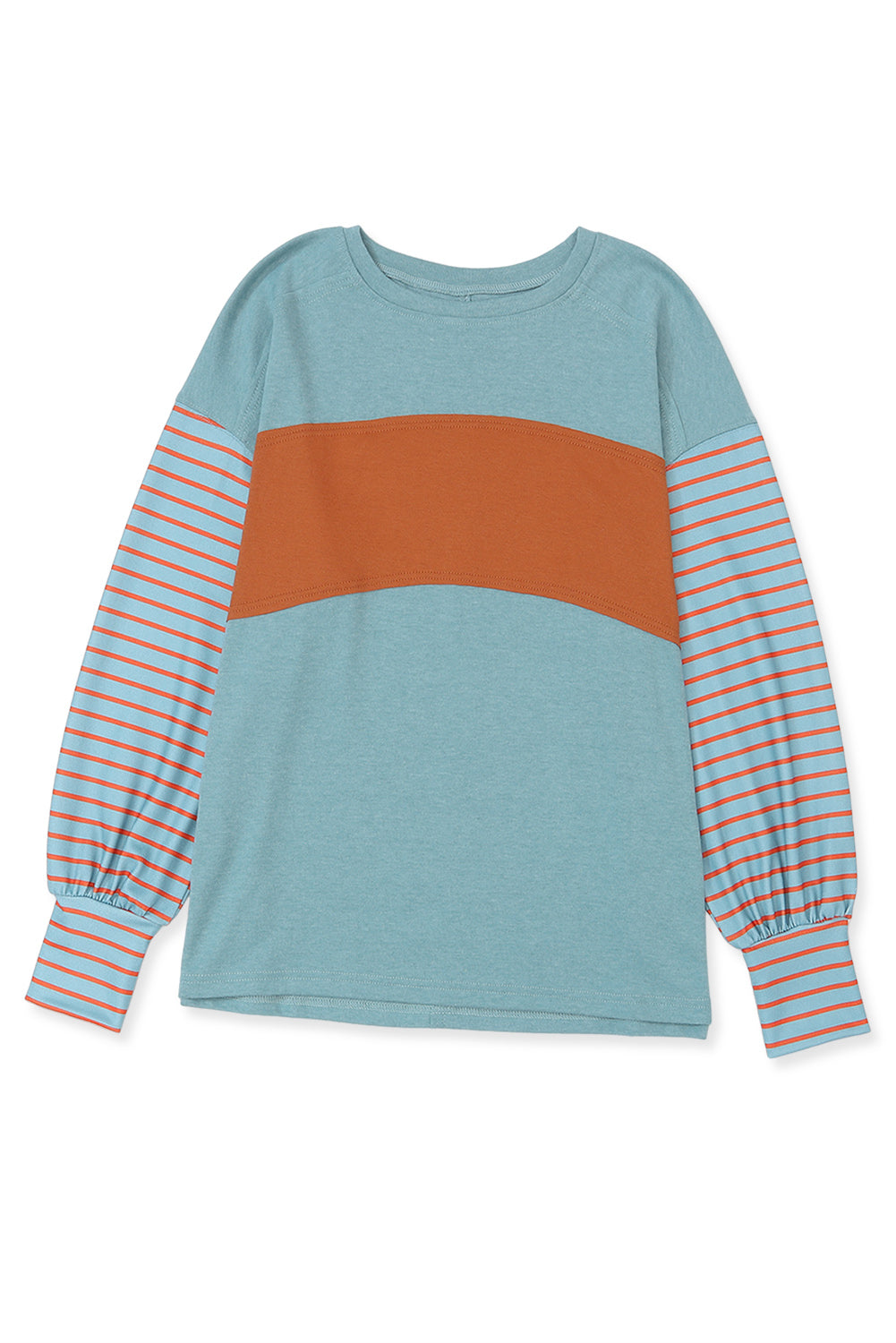 Light French Beige Colorblock Striped Bishop Sleeve Top