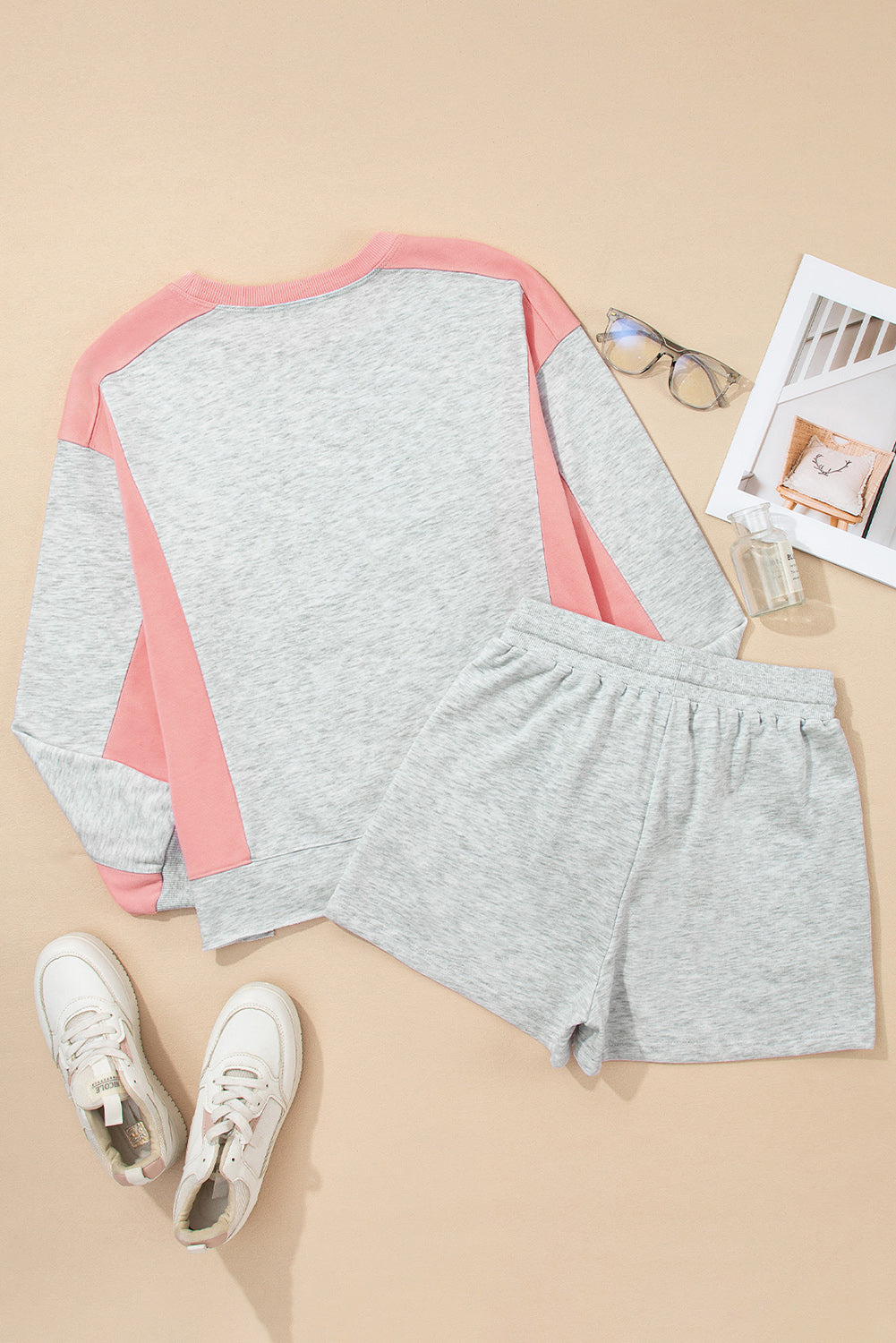 Light Grey Uneven Hem Colorblock Pullover Casual Shorts Plus Size 2pcs Outfit