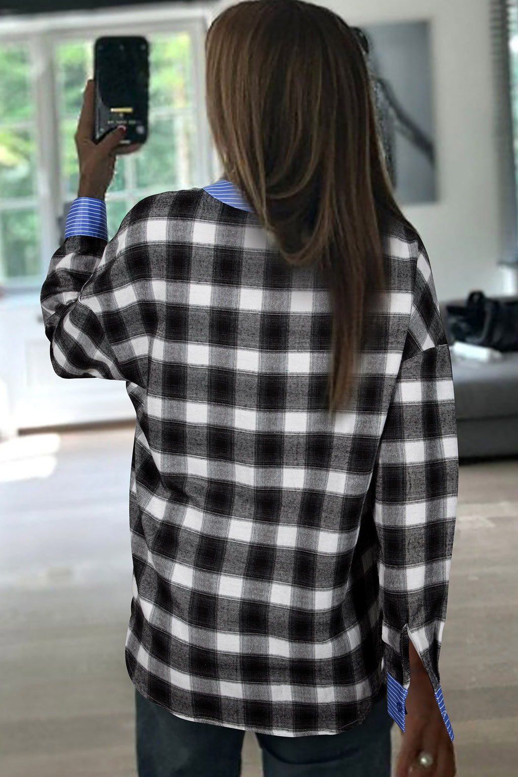 Black Contrast Striped Edge Half Placket Plaid Blouse