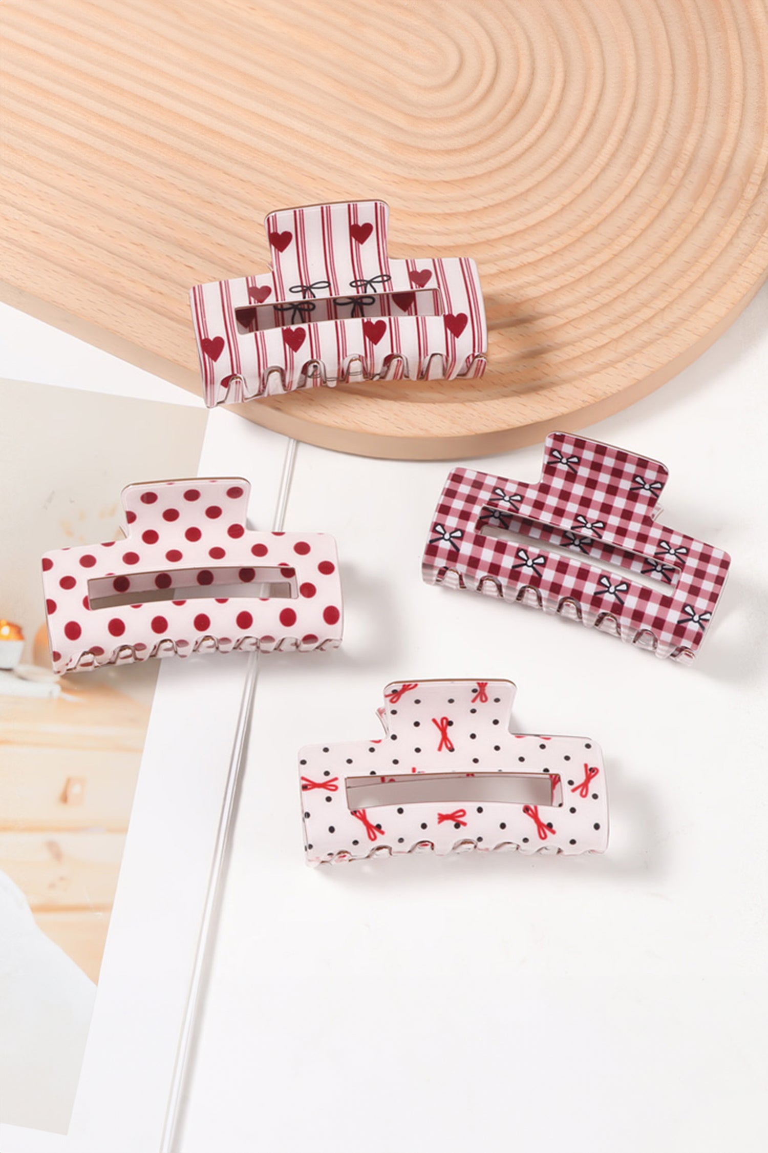 Fiery Red Striped Heart Contrast Bow Printed Rectangle Hair Claw Clip