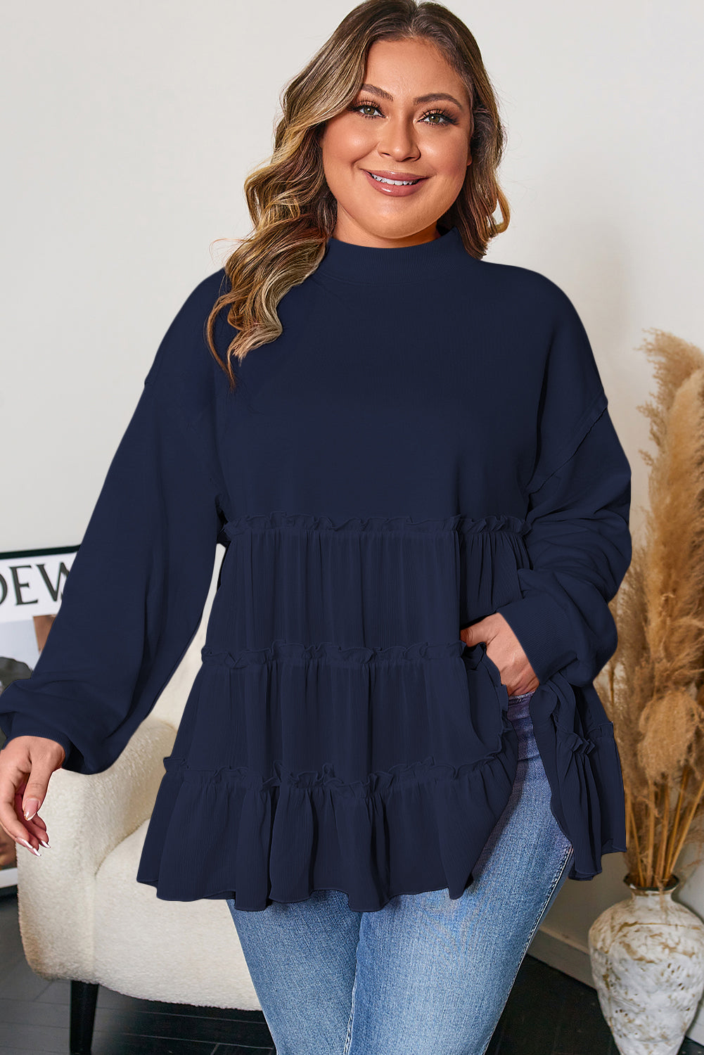 Pink Tiered Ruffle Ribbed Crew Neck Pullover Plus Size Top