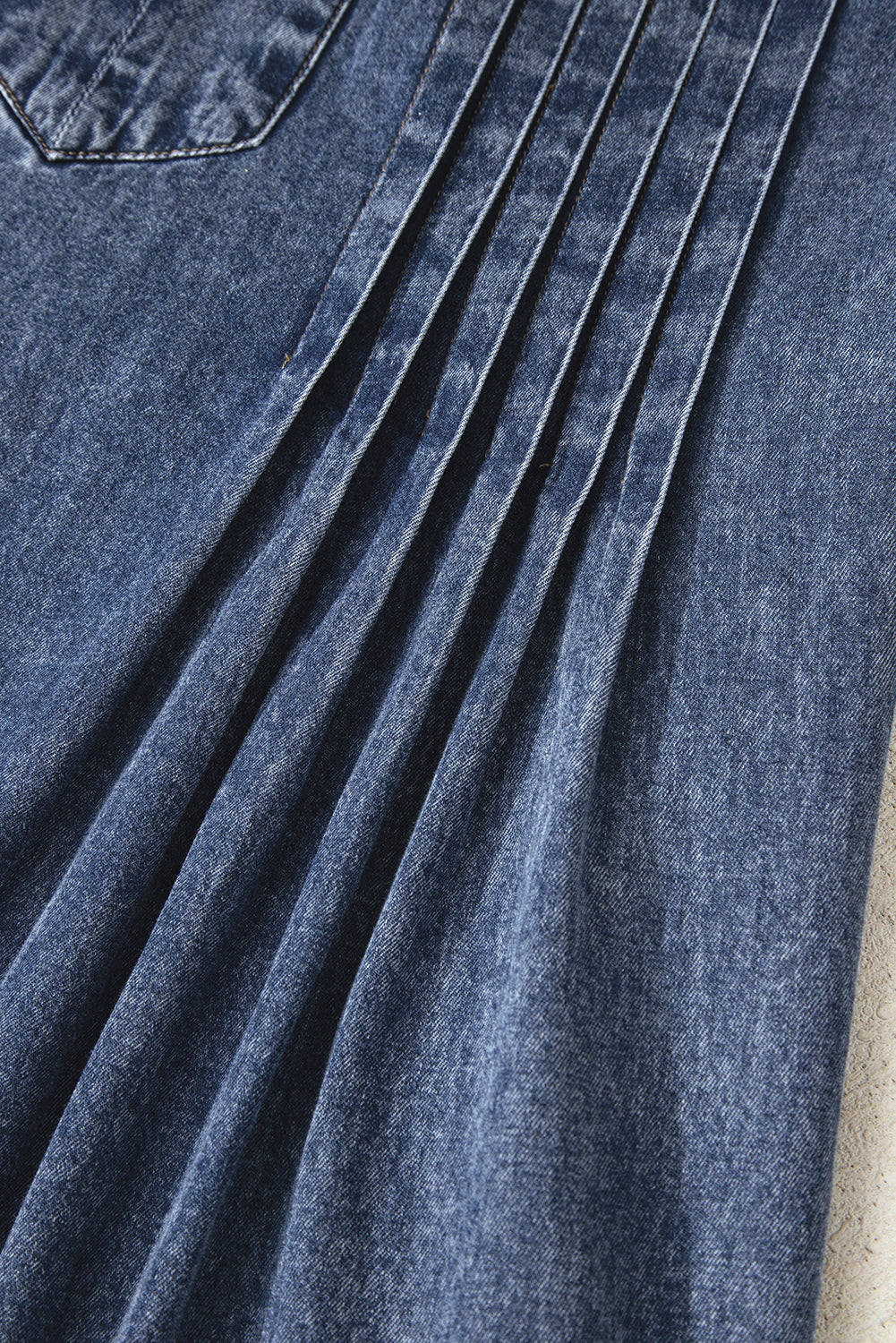 Sail Blue 3/4 Sleeve Tied V Neck Pleated Denim Mini Dress