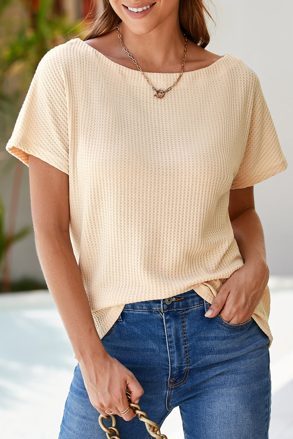 White Waffle Knit Boat Neck Short Sleeve Top
