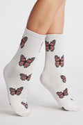 White Butterfly Pattern Ribbed Edge Soft Crew Socks
