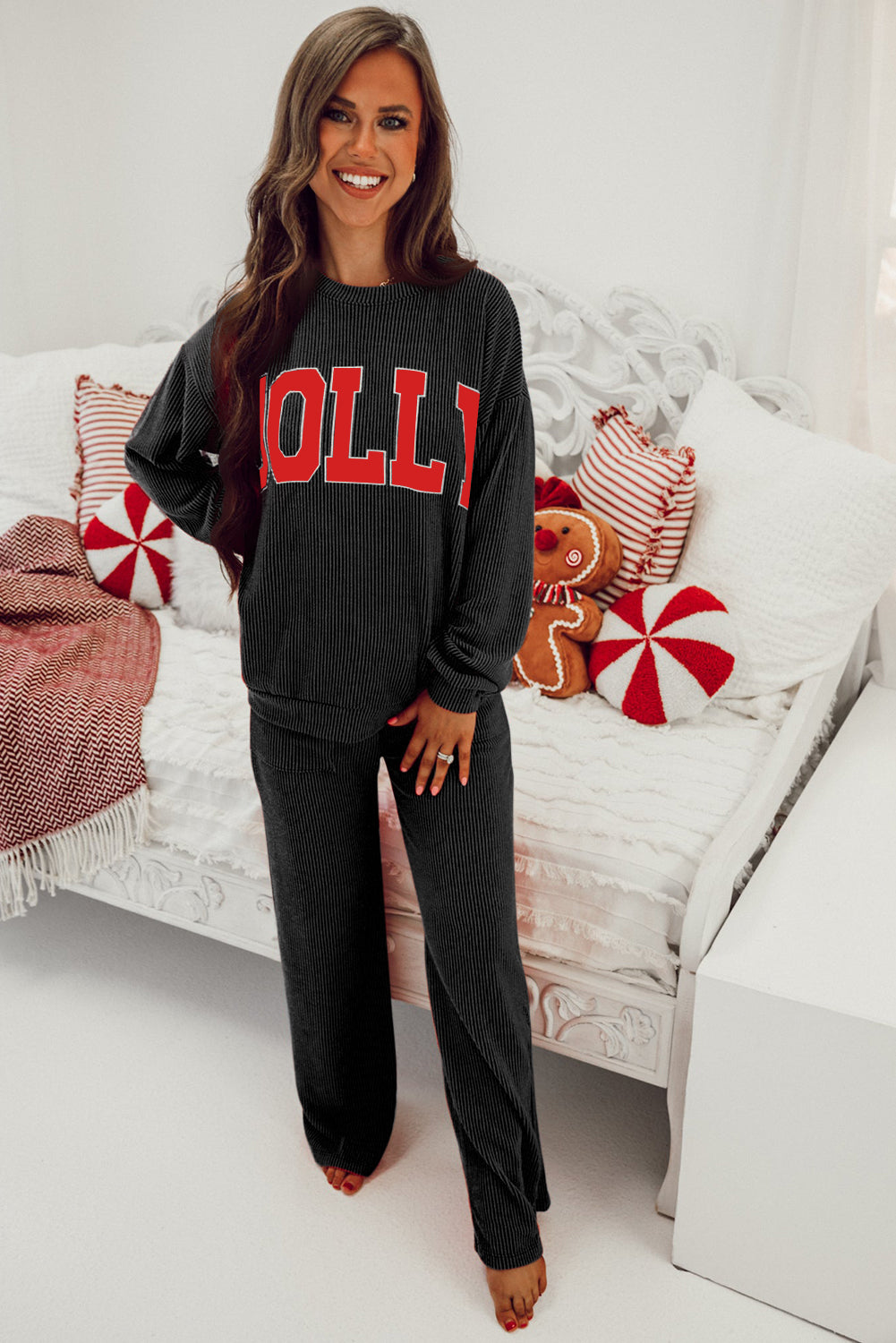 Black MERRY Corded Long Sleeve Top and Pockets Pants Set
