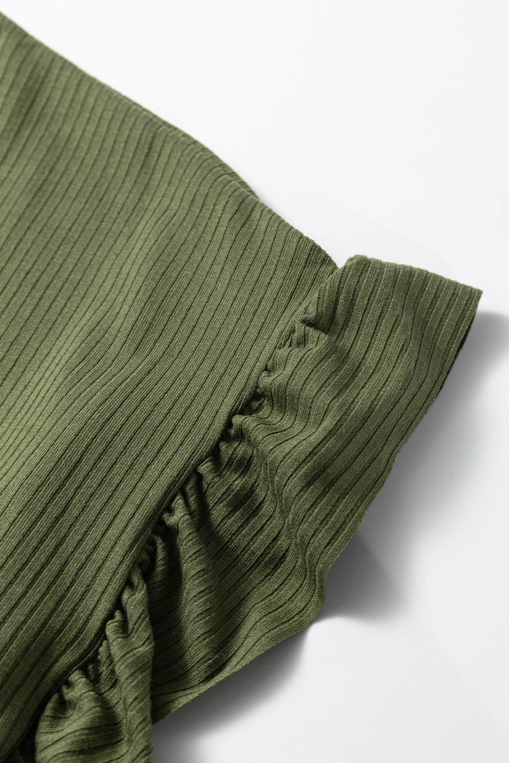 Blackish Green Solid Color Ribbed Ruffled Short Sleeve T Shirt