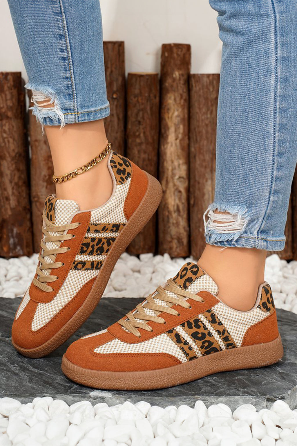 Buckskin Checkered Leopard Color Block Patchwork Lace Up Sneakers