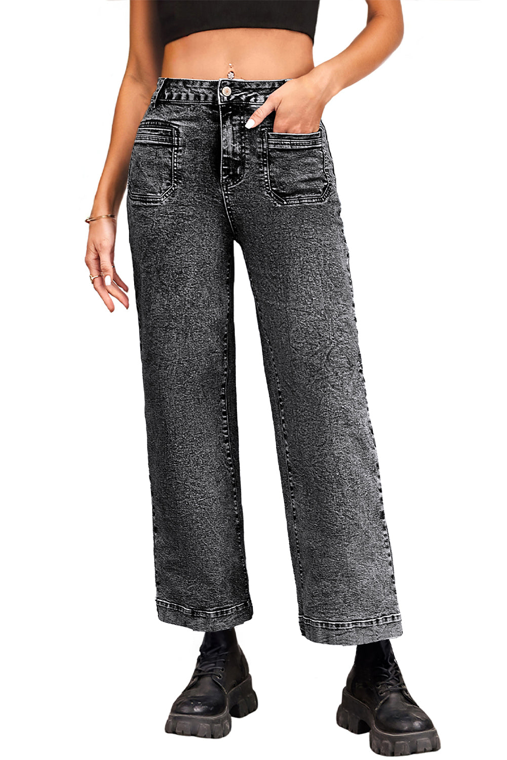 Light Blue Chic Patch Pocket Straight Leg Loose Jeans