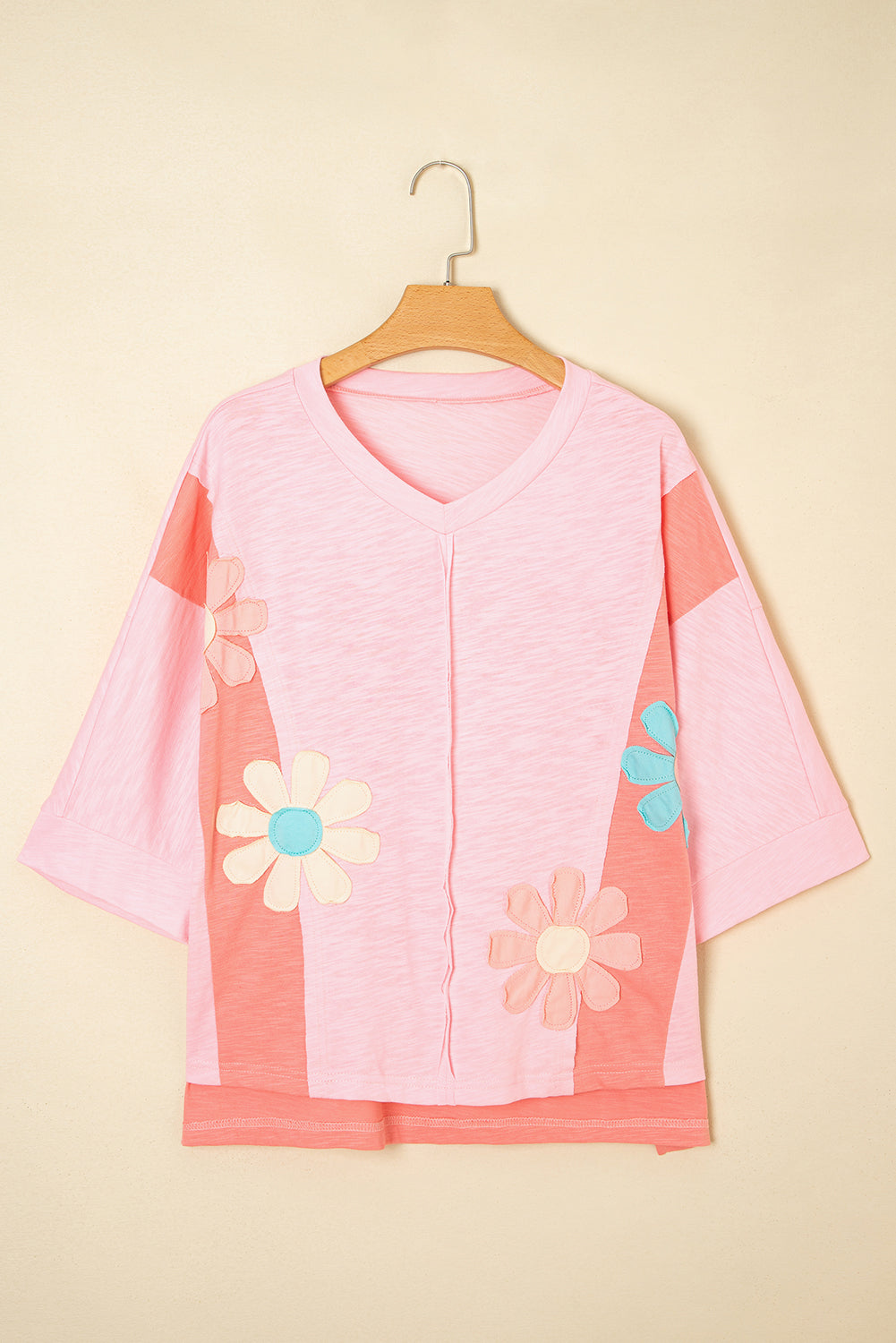 Light Blue Flower Patched Exposed Seam Bracelet Sleeve Oversized T Shirt