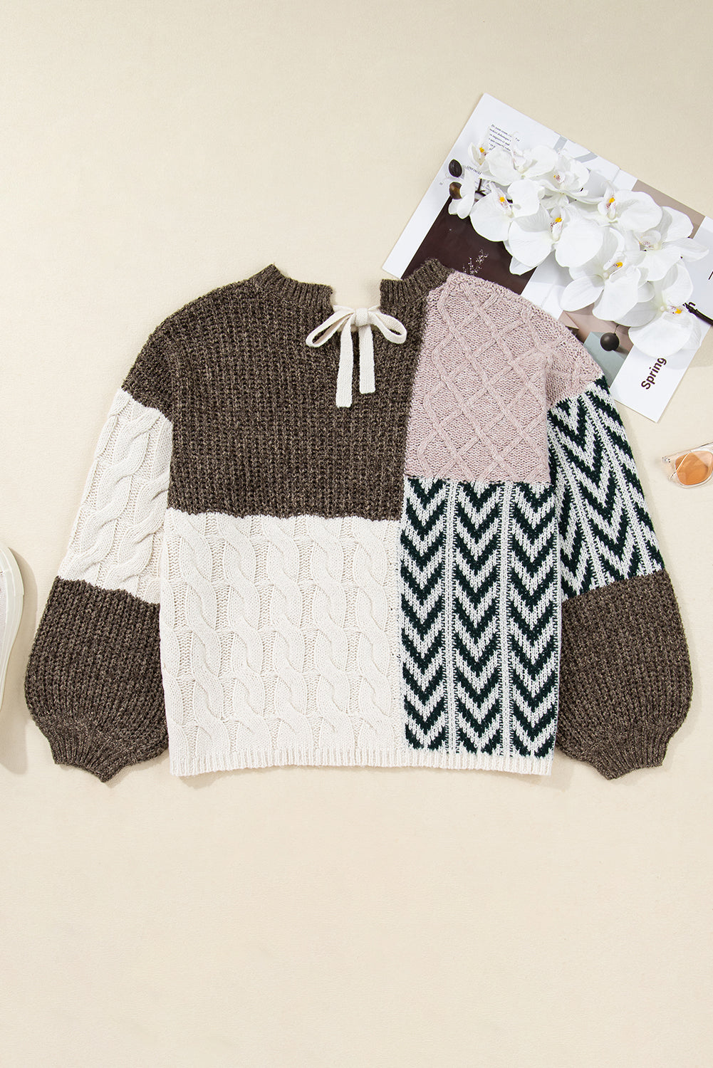Brown Color Block Patchwork Knotted Back Loose Fit Sweater