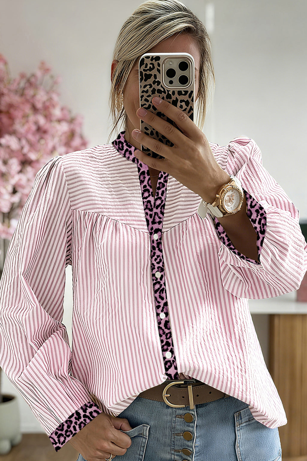 Brown Stripe Leopard Patchwork Long Sleeve Shirt