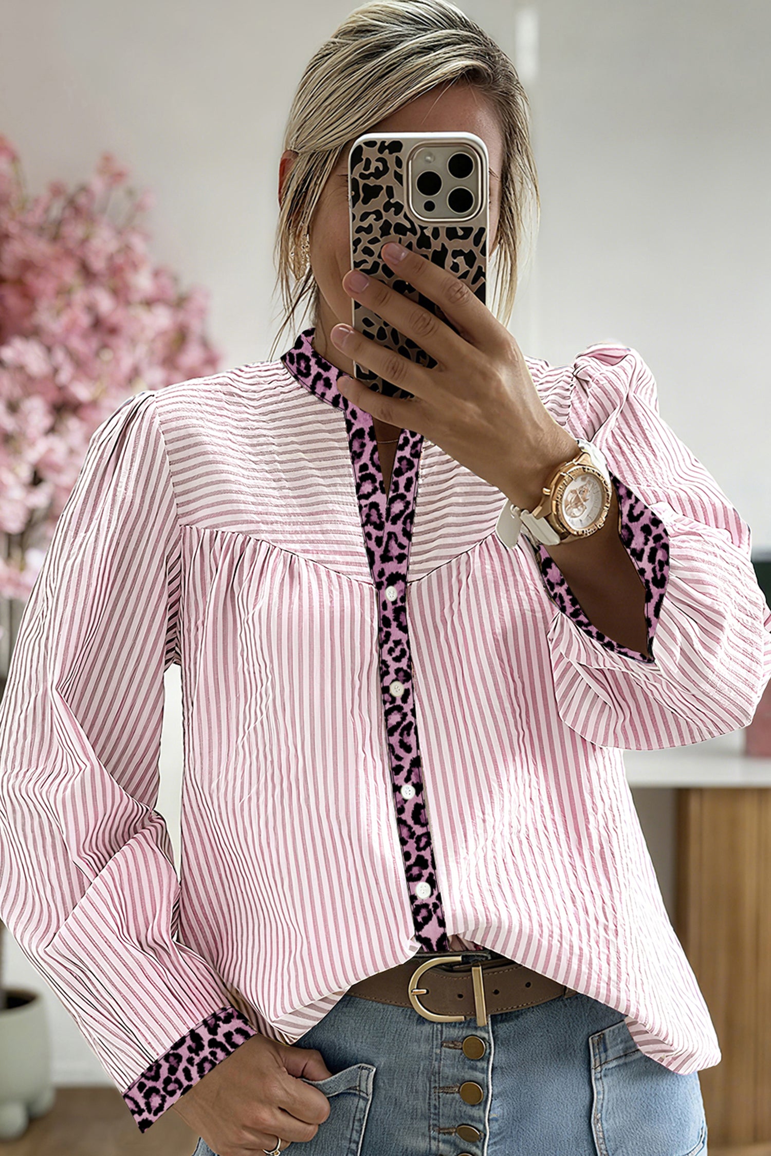 Brown Stripe Leopard Patchwork Long Sleeve Shirt